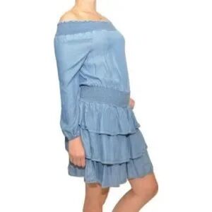 Michael Kors Denim Ruffle Chambray Off-Shoulder Dress